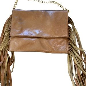 JJ Winters Shoulder Bag or Clutch Tan Leather Fringe Sides